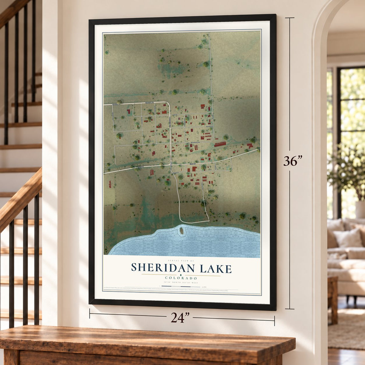 Sheridan Lake, Colorado map, 24 x 36 inch print in a black frame by a staircase