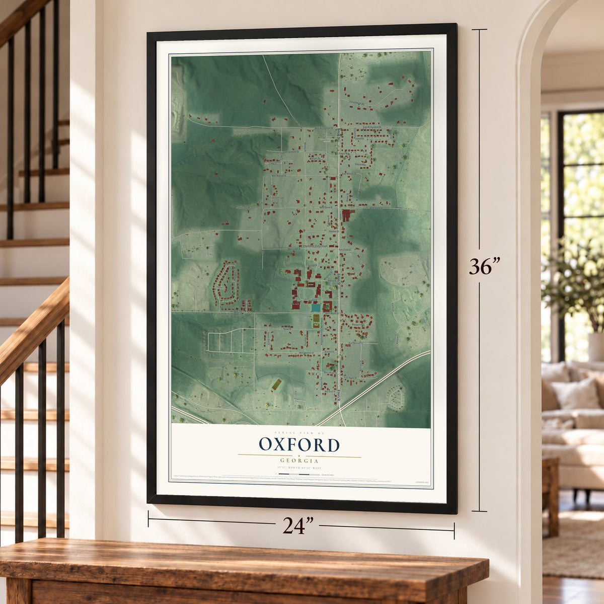 Oxford, Georgia map, 24 x 36 inch print in a black frame by a staircase