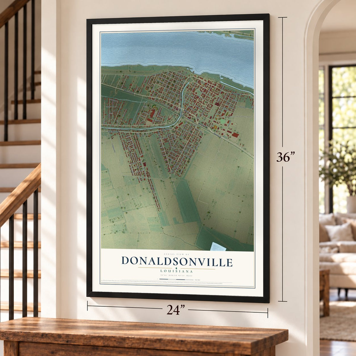 Donaldsonville, Louisiana map, 24 x 36 inch print in a black frame by a staircase