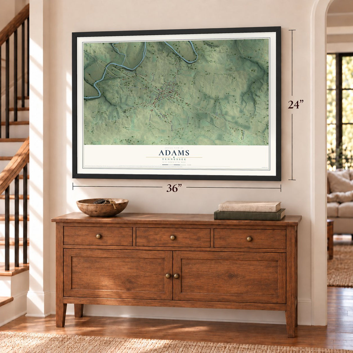 Adams, Tennessee map, 24 x 36 inch print in a black frame above a dresser by a staircase