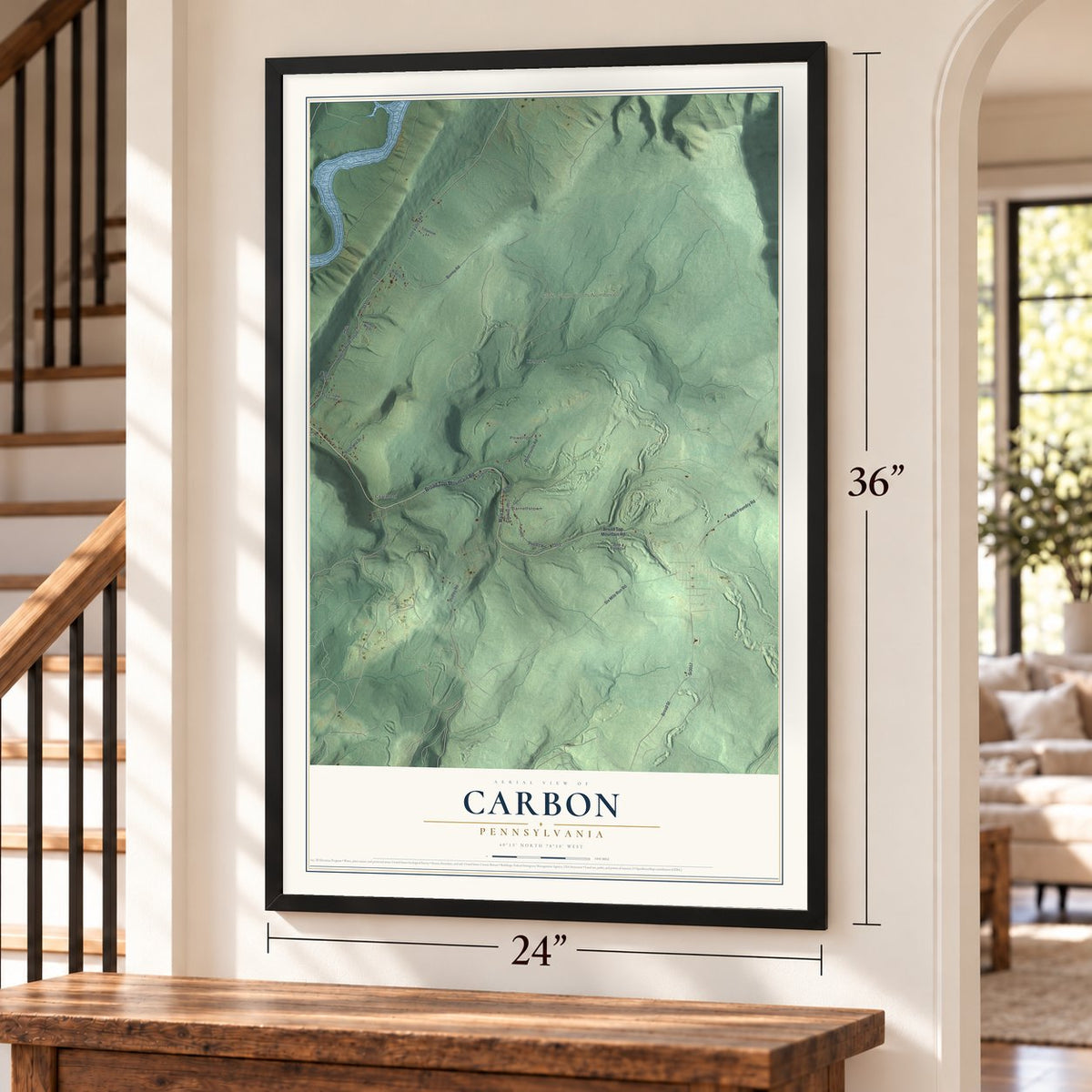 Carbon, Pennsylvania map, 24 x 36 inch print in a black frame by a staircase
