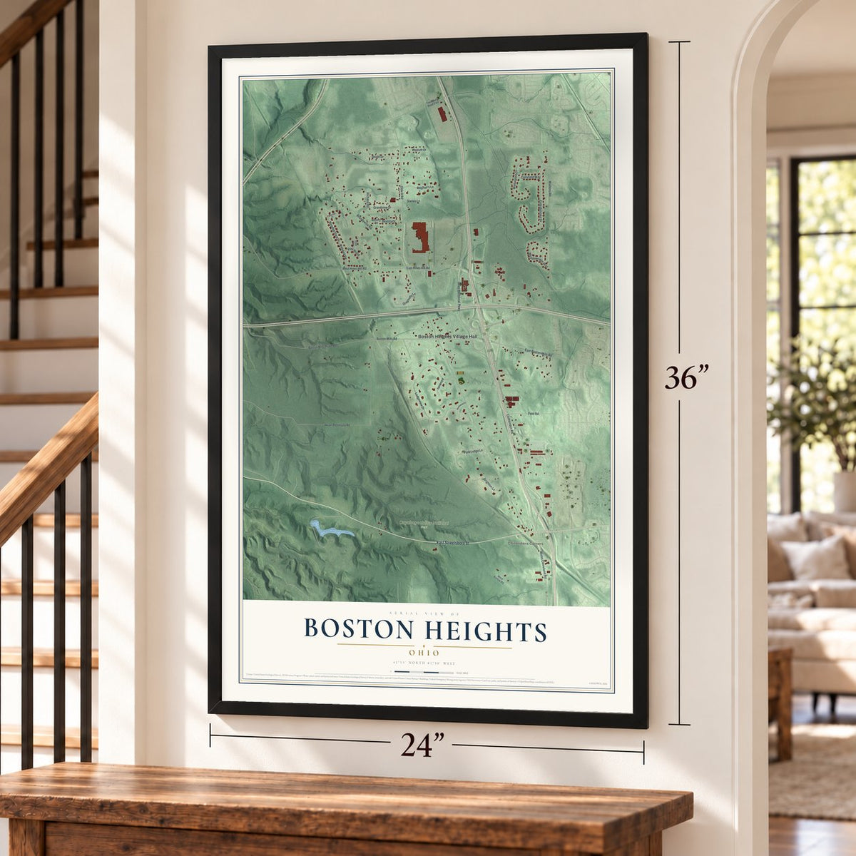 Boston Heights, Ohio map, 24 x 36 inch print in a black frame by a staircase
