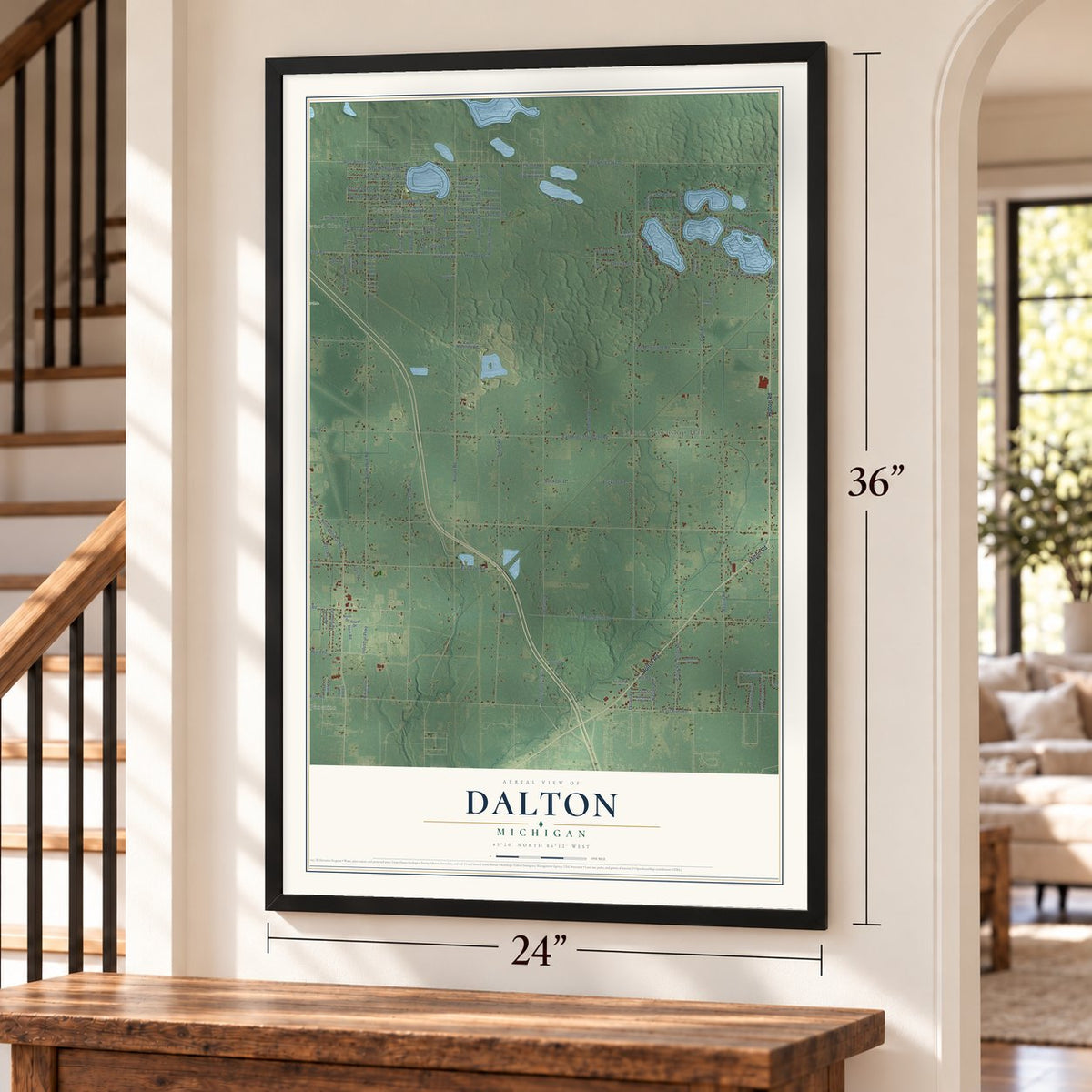 Dalton, Michigan map, 24 x 36 inch print in a black frame by a staircase