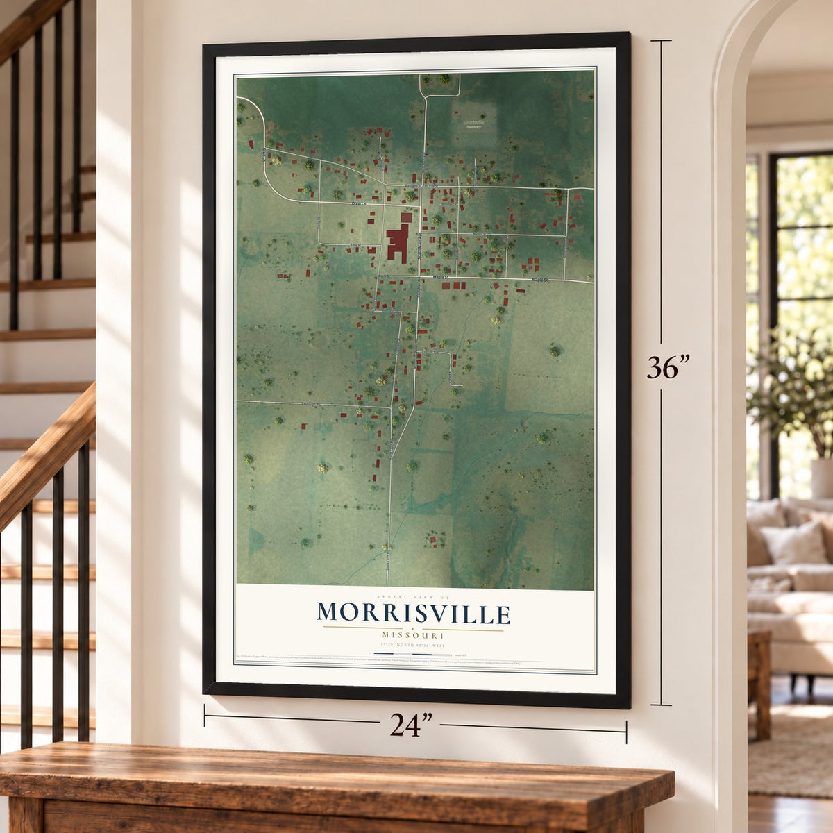 Morrisville, Missouri map, 24 x 36 inch print in a black frame by a staircase