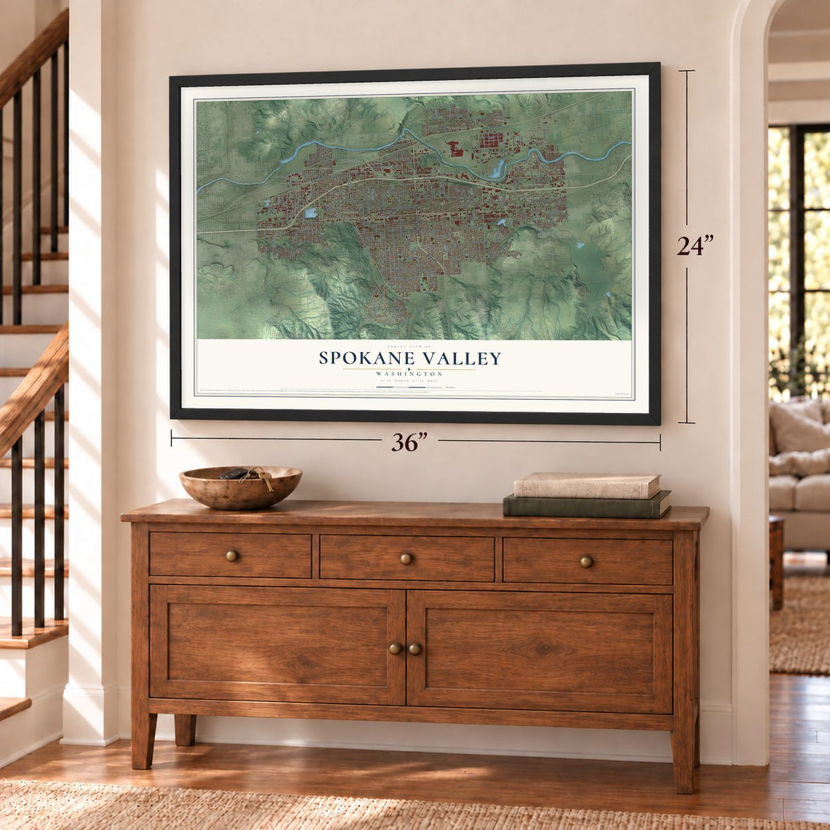 Spokane Valley, Washington map, 24 x 36 inch print in a black frame above a dresser by a staircase