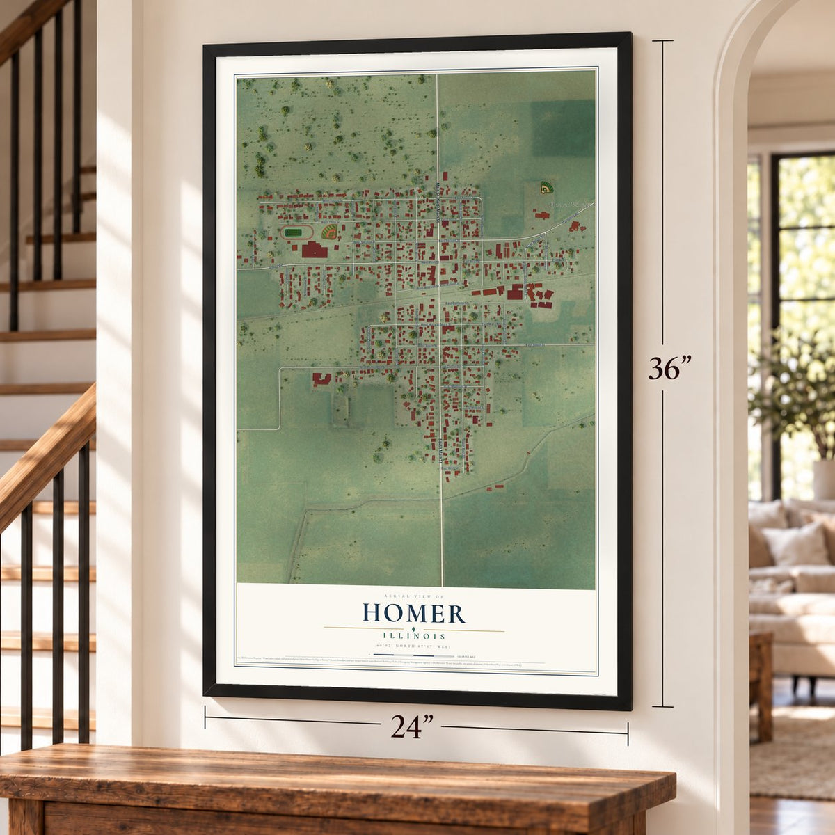 Homer, Illinois map, 24 x 36 inch print in a black frame by a staircase