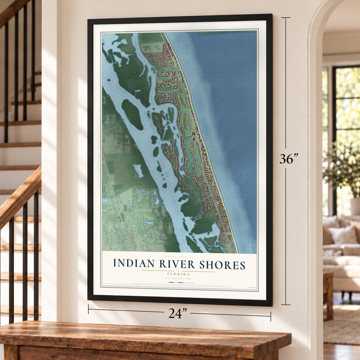 Indian River Shores, Florida map, 24 x 36 inch print in a black frame by a staircase