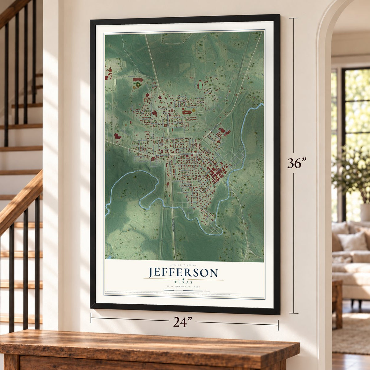Jefferson, Texas map, 24 x 36 inch print in a black frame by a staircase