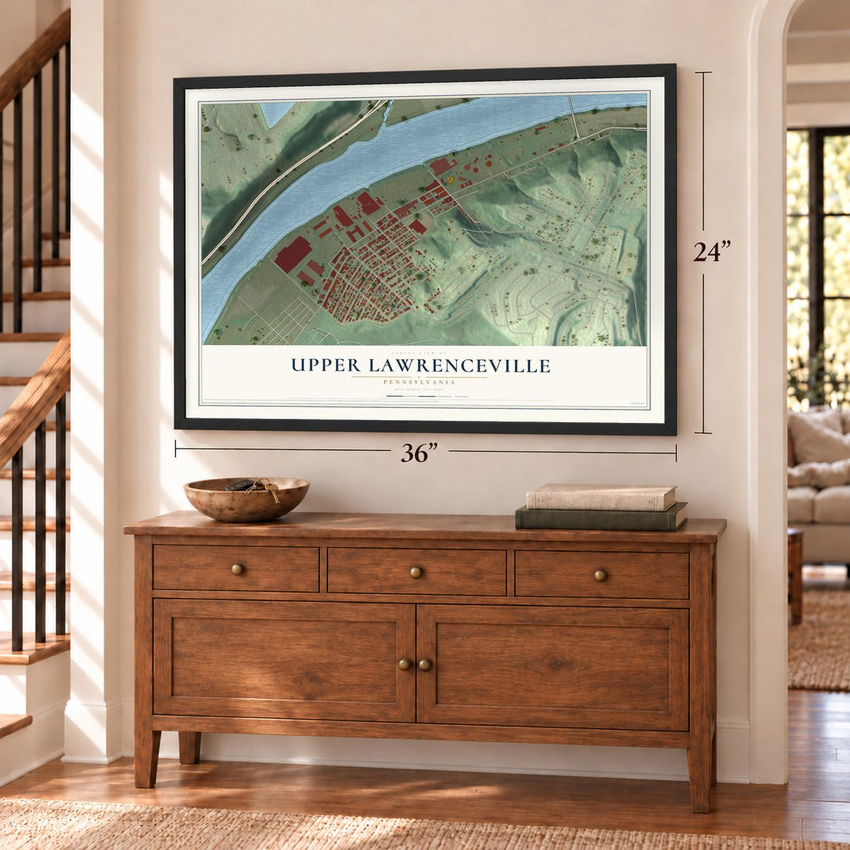 Upper Lawrenceville, Pennsylvania map, 24 x 36 inch print in a black frame above a dresser by a staircase