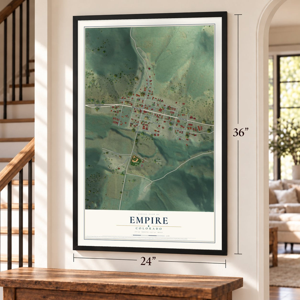 Empire, Colorado map, 24 x 36 inch print in a black frame by a staircase