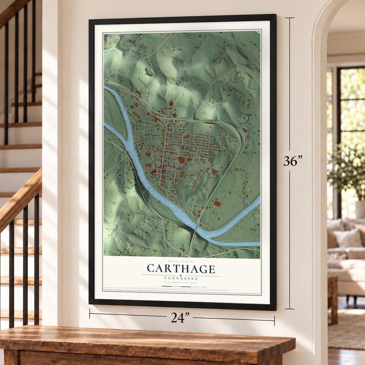 Carthage, Tennessee map, 24 x 36 inch print in a black frame by a staircase