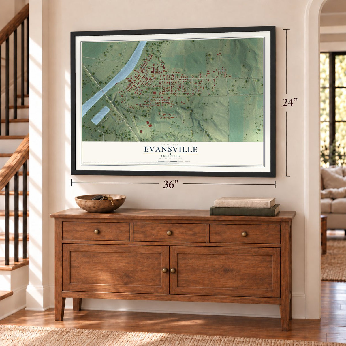 Evansville, Illinois map, 24 x 36 inch print in a black frame above a dresser by a staircase