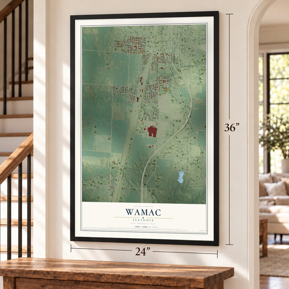 Wamac, Illinois map, 24 x 36 inch print in a black frame by a staircase