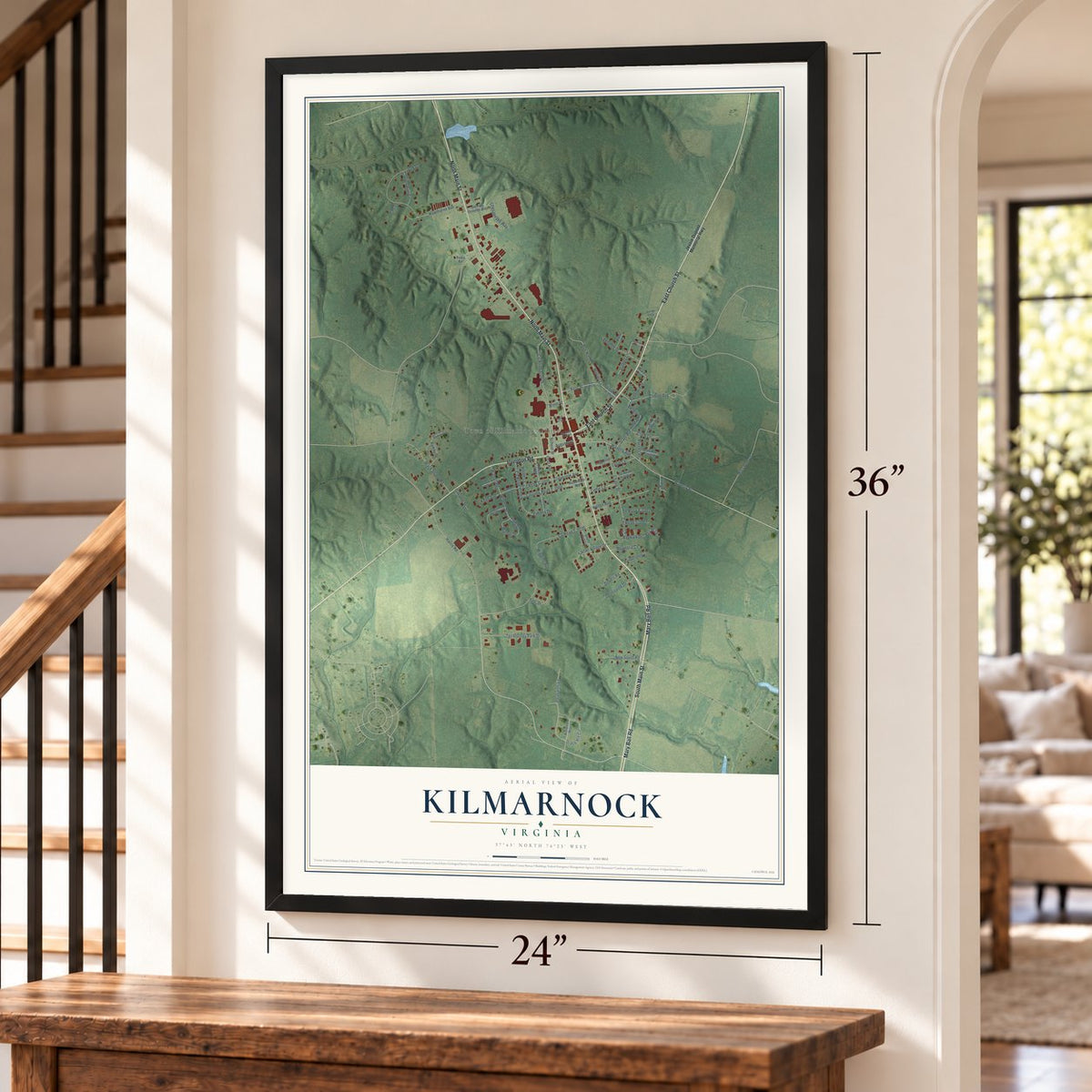 Kilmarnock, Virginia map, 24 x 36 inch print in a black frame by a staircase