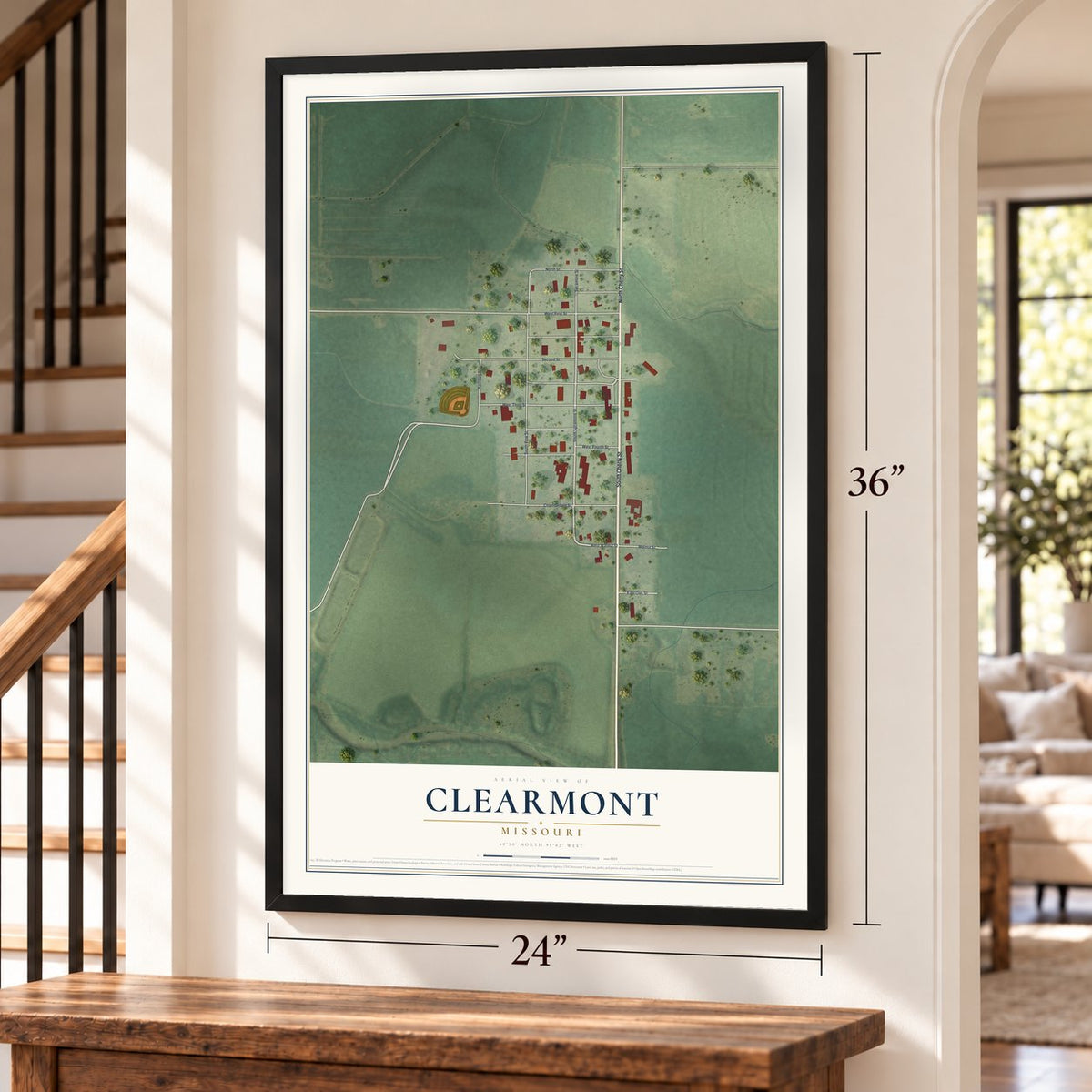 Clearmont, Missouri map, 24 x 36 inch print in a black frame by a staircase