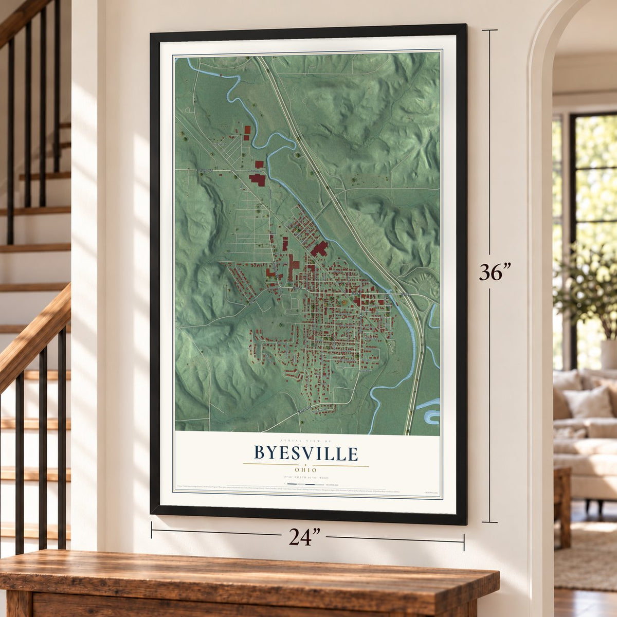 Byesville, Ohio map, 24 x 36 inch print in a black frame by a staircase
