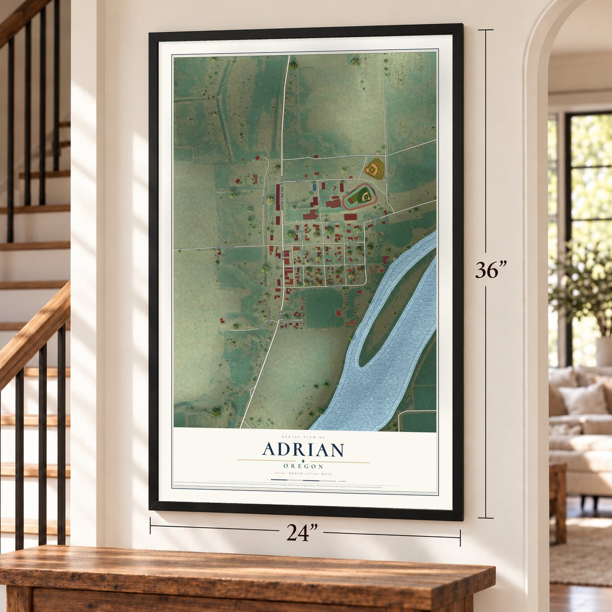 Adrian, Oregon map, 24 x 36 inch print in a black frame by a staircase