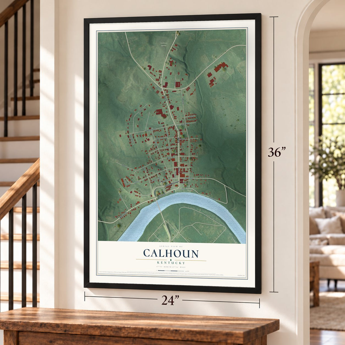 Calhoun, Kentucky map, 24 x 36 inch print in a black frame by a staircase