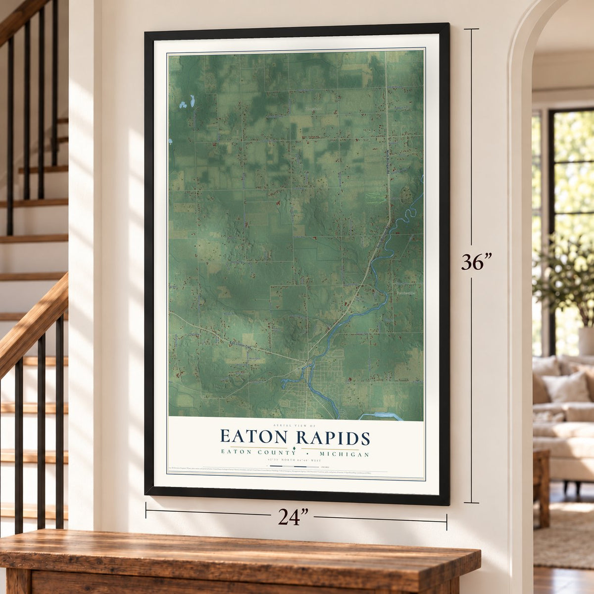 Eaton Rapids, Eaton County, Michigan map, 24 x 36 inch print in a black frame by a staircase