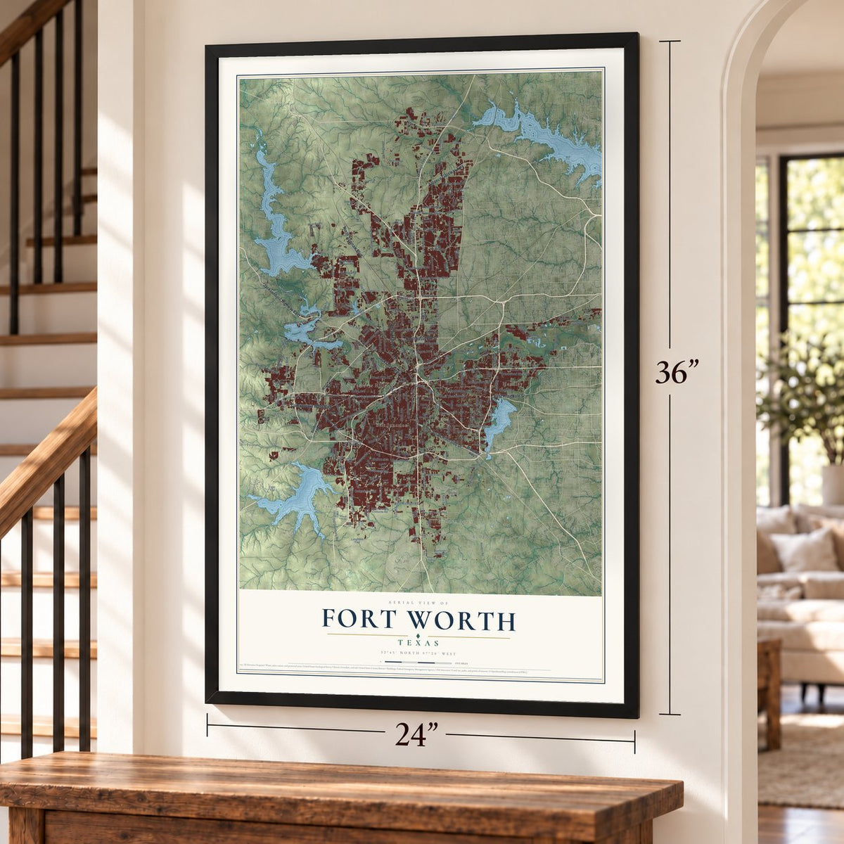 Fort Worth, Texas map, 24 x 36 inch print in a black frame by a staircase
