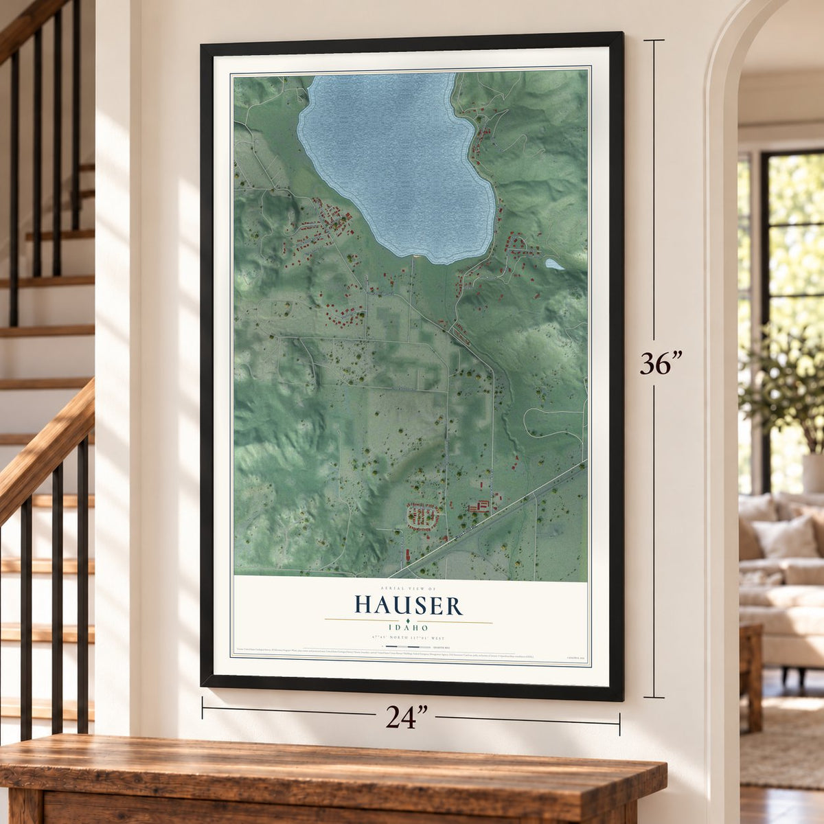 Hauser, Idaho map, 24 x 36 inch print in a black frame by a staircase