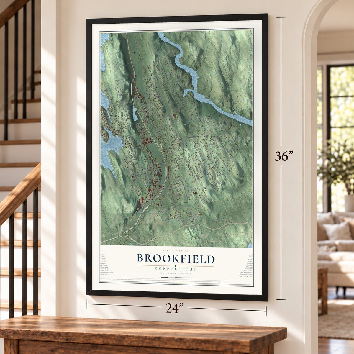 Brookfield, Connecticut map, 24 x 36 inch print in a black frame by a staircase