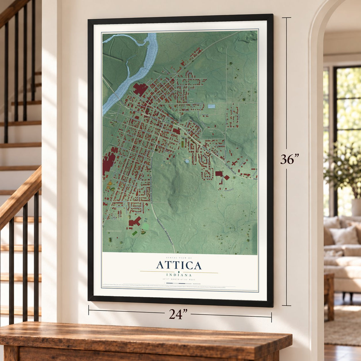 Attica, Indiana map, 24 x 36 inch print in a black frame by a staircase