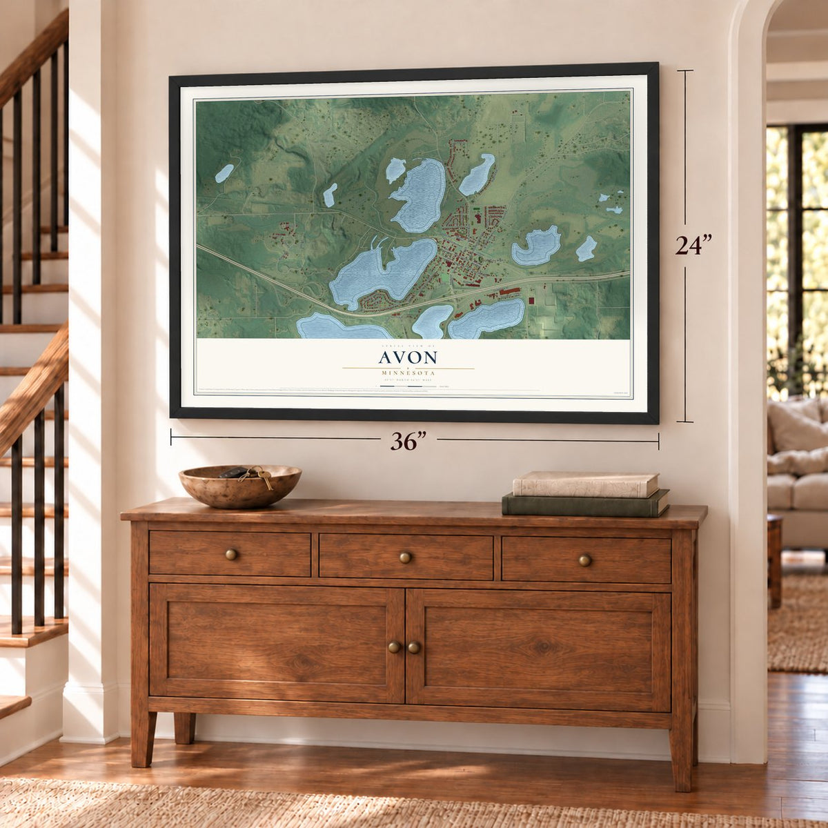 Avon, Minnesota map, 24 x 36 inch print in a black frame above a dresser by a staircase