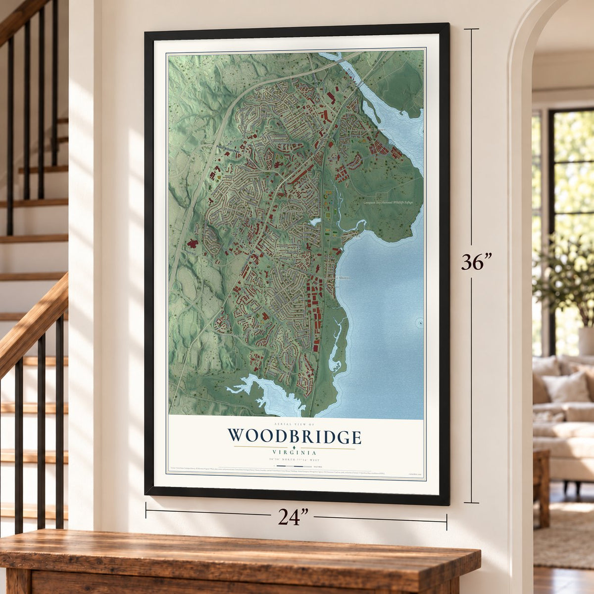 Woodbridge, Virginia map, 24 x 36 inch print in a black frame by a staircase