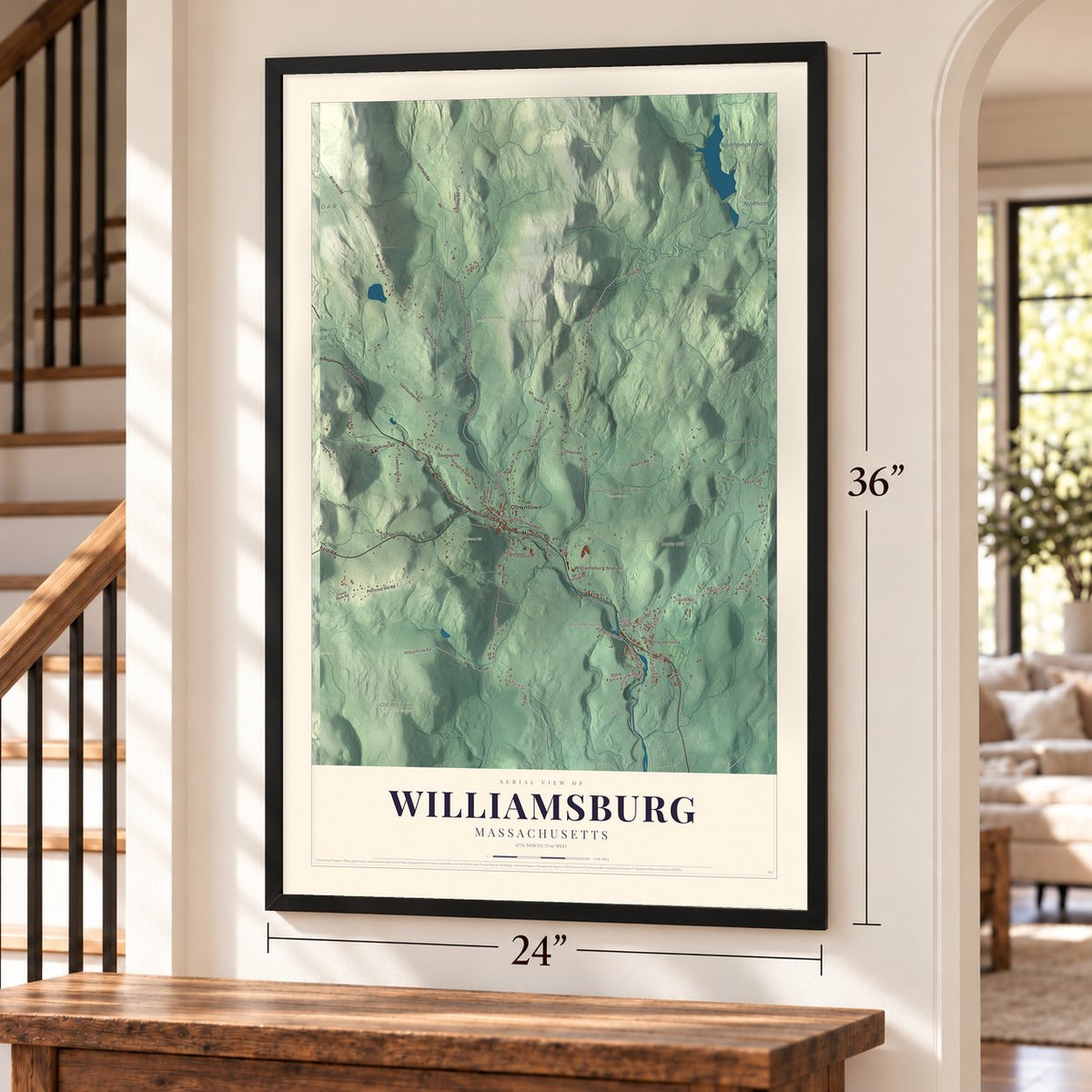 Williamsburg, Massachusetts map, 24 x 36 inch print in a black frame by a staircase