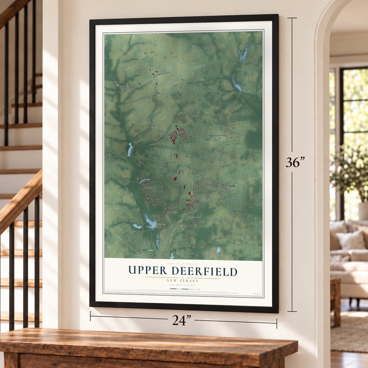 Upper Deerfield, New Jersey map, 24 x 36 inch print in a black frame by a staircase