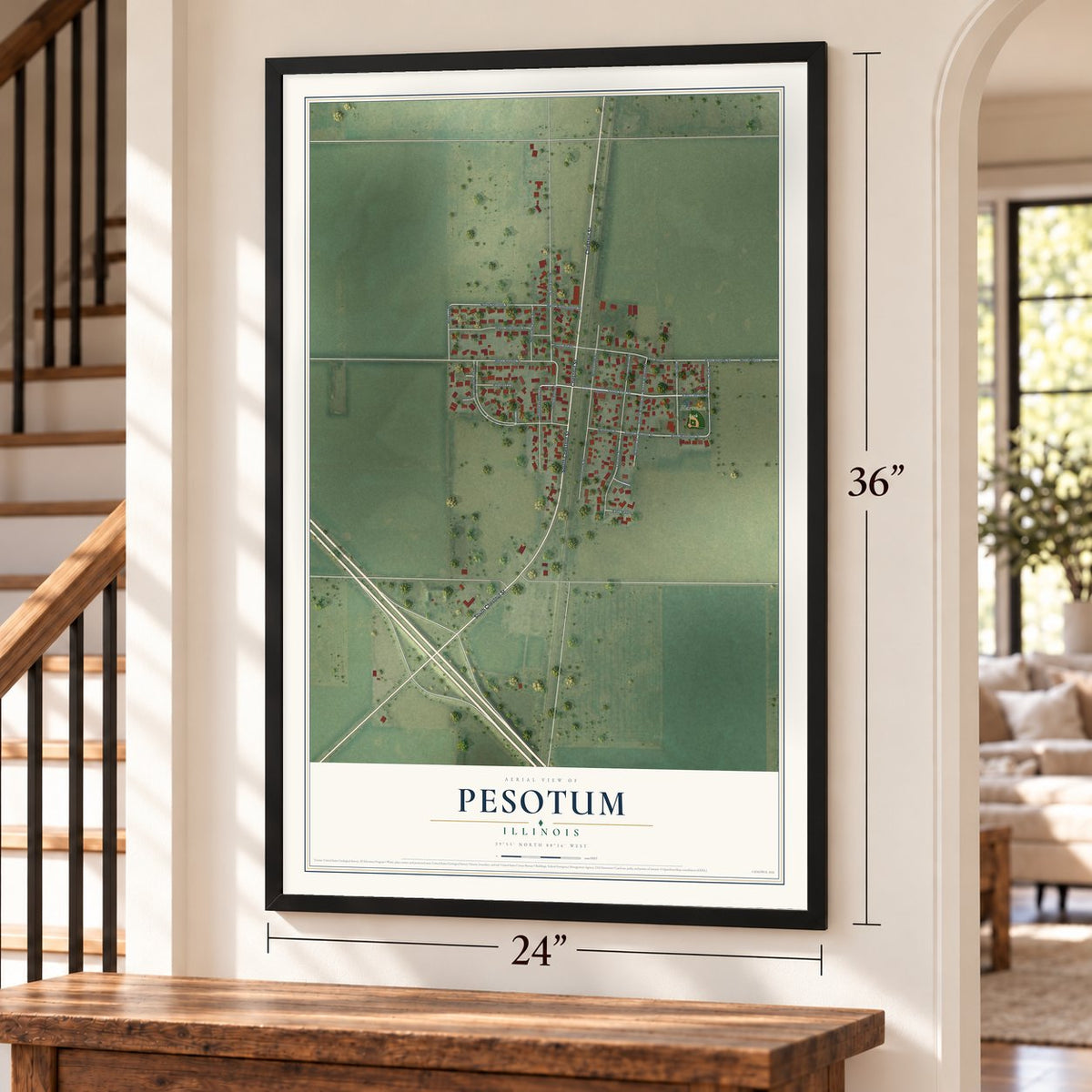Pesotum, Illinois map, 24 x 36 inch print in a black frame by a staircase