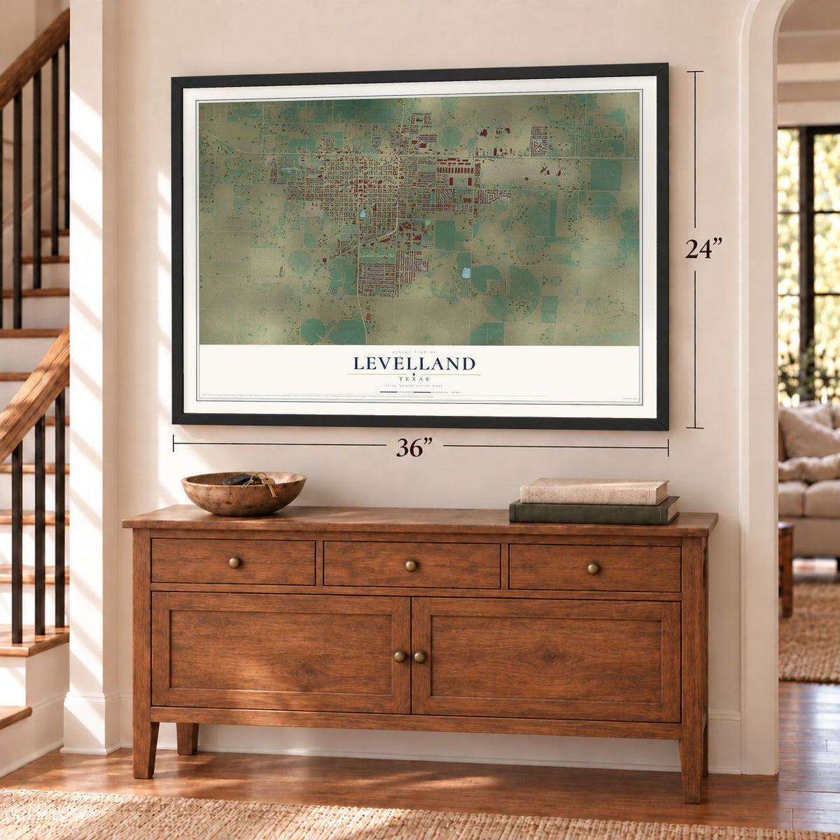 Levelland, Texas map, 24 x 36 inch print in a black frame above a dresser by a staircase