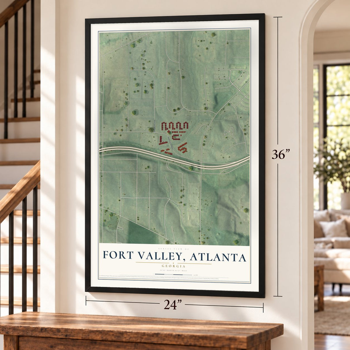 Fort Valley (Atlanta), Georgia map, 24 x 36 inch print in a black frame by a staircase