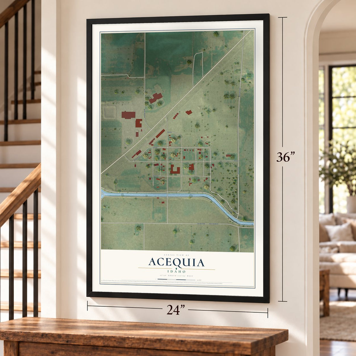 Acequia, Idaho map, 24 x 36 inch print in a black frame by a staircase