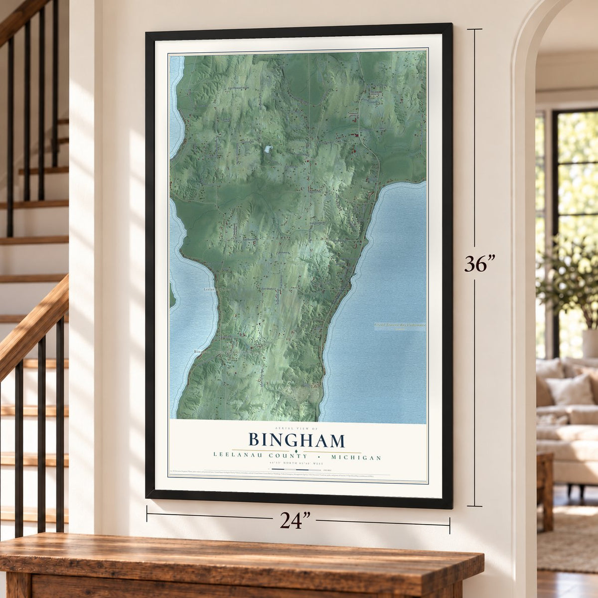 Bingham, Leelanau County, Michigan map, 24 x 36 inch print in a black frame by a staircase
