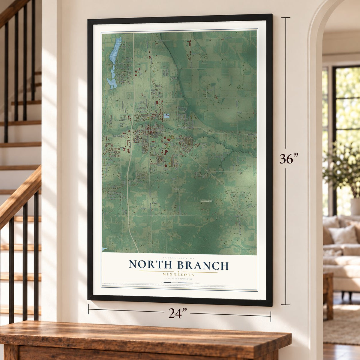 North Branch, Minnesota map, 24 x 36 inch print in a black frame by a staircase