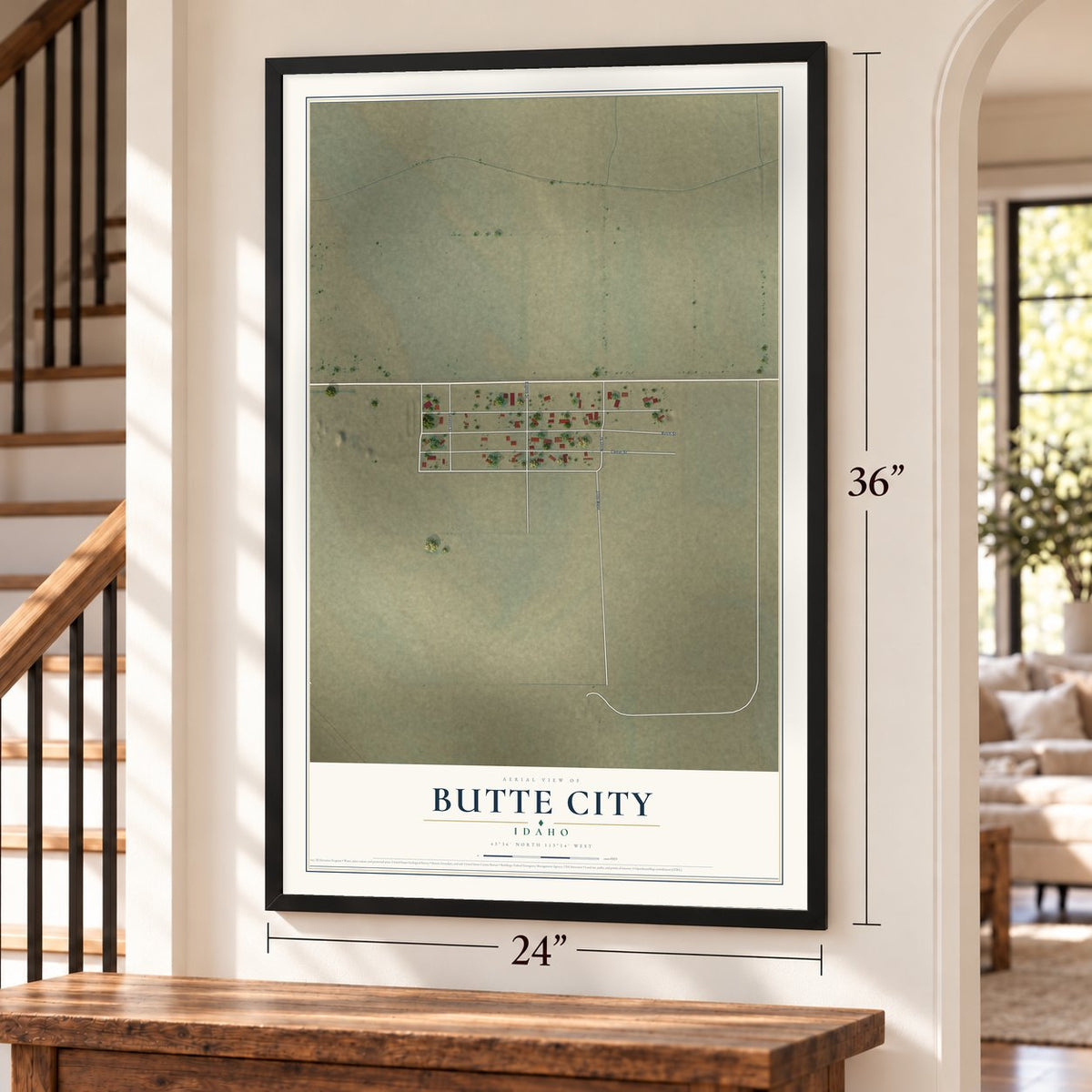 Butte City, Idaho map, 24 x 36 inch print in a black frame by a staircase