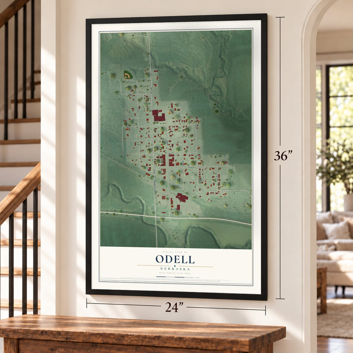 Odell, Nebraska map, 24 x 36 inch print in a black frame by a staircase