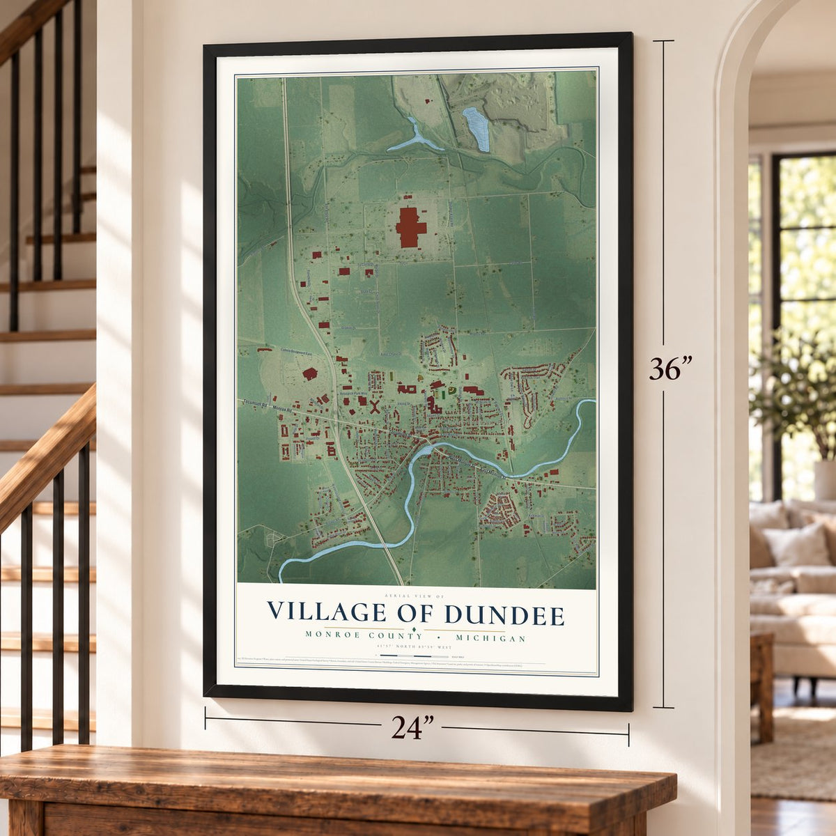 Dundee, Michigan map, 24 x 36 inch print in a black frame by a staircase