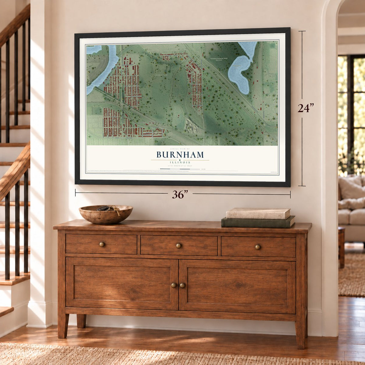 Burnham, Illinois map, 24 x 36 inch print in a black frame above a dresser by a staircase