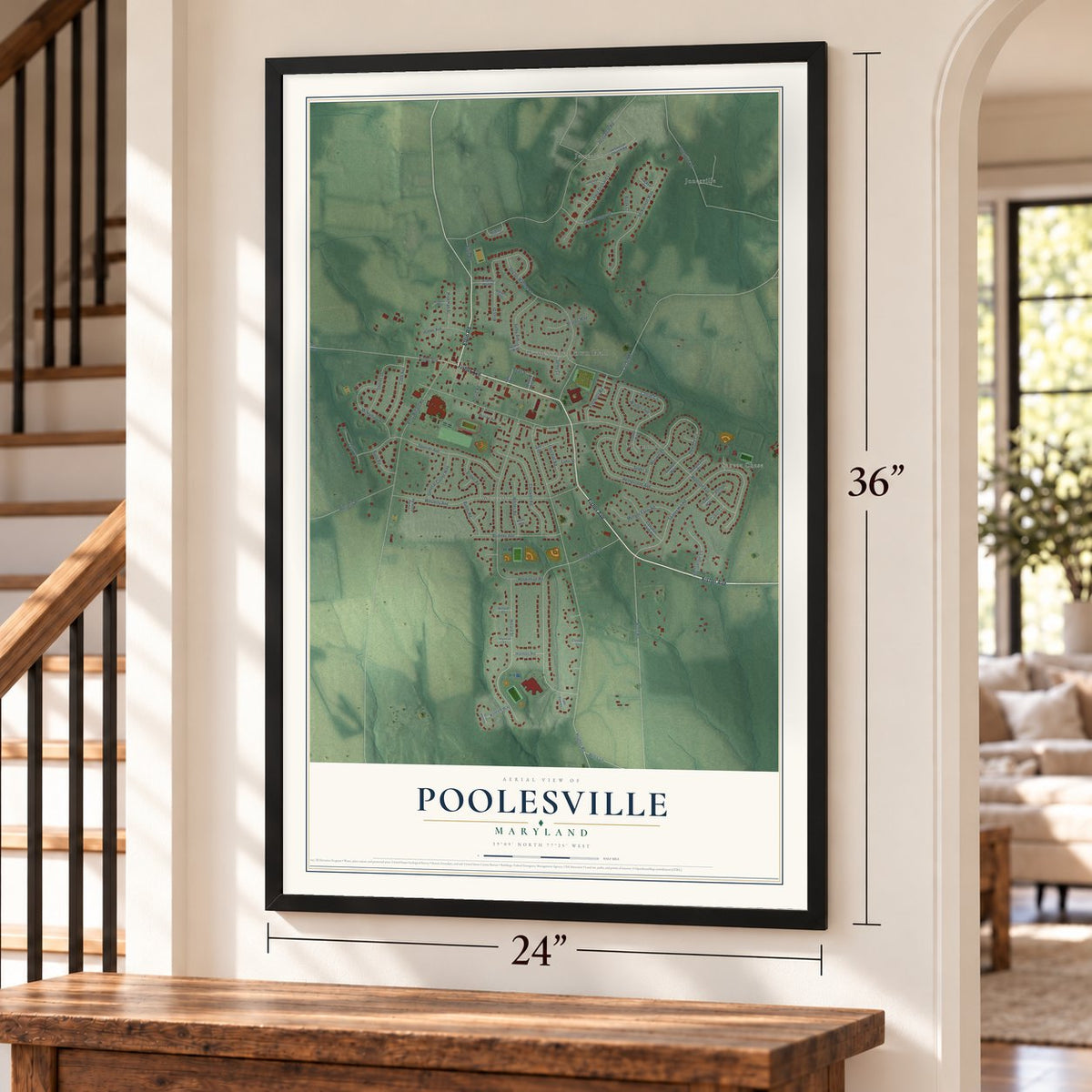 Poolesville, Maryland map, 24 x 36 inch print in a black frame by a staircase