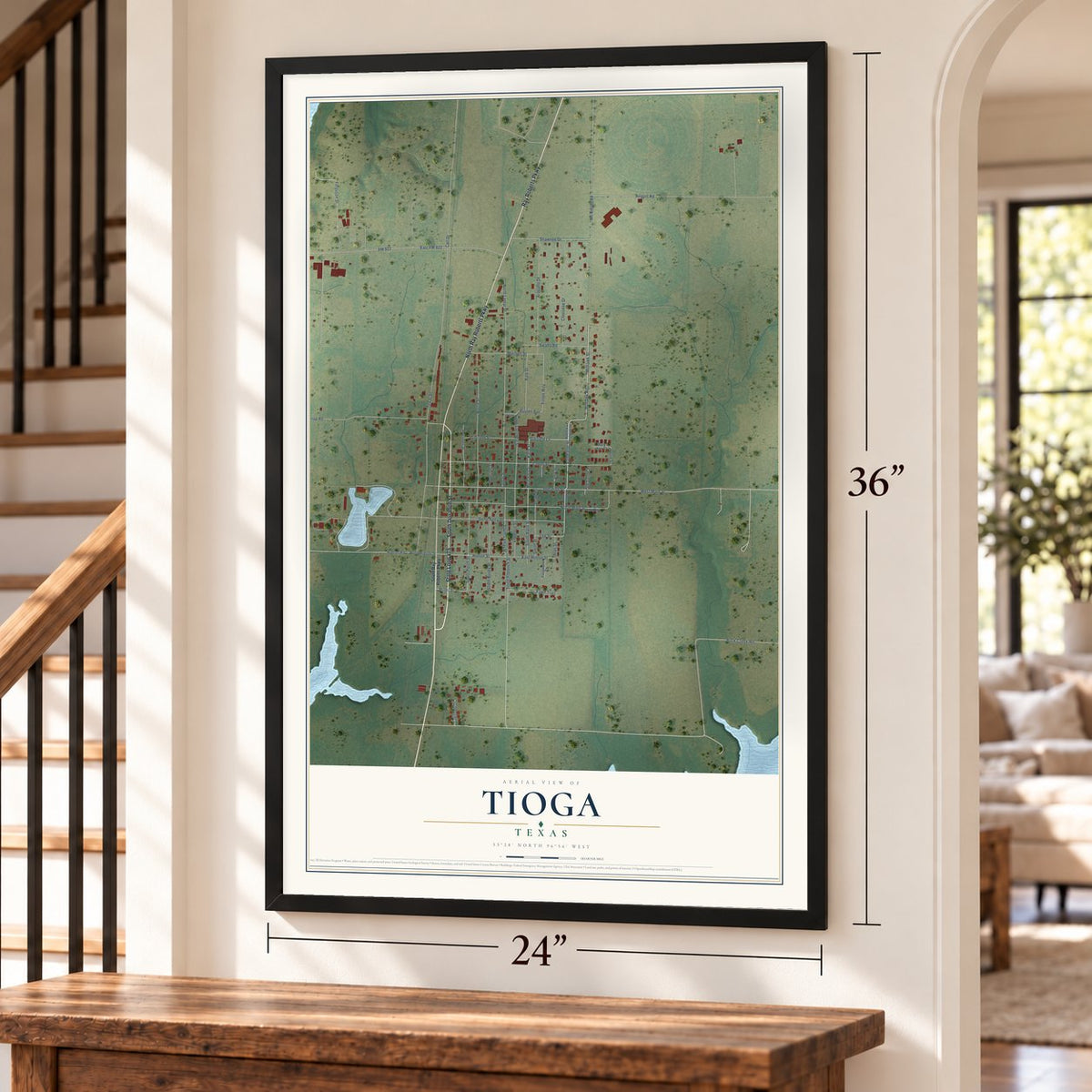 Tioga, Texas map, 24 x 36 inch print in a black frame by a staircase