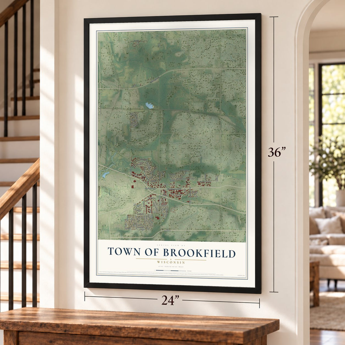 Town of Brookfield, Wisconsin map, 24 x 36 inch print in a black frame by a staircase