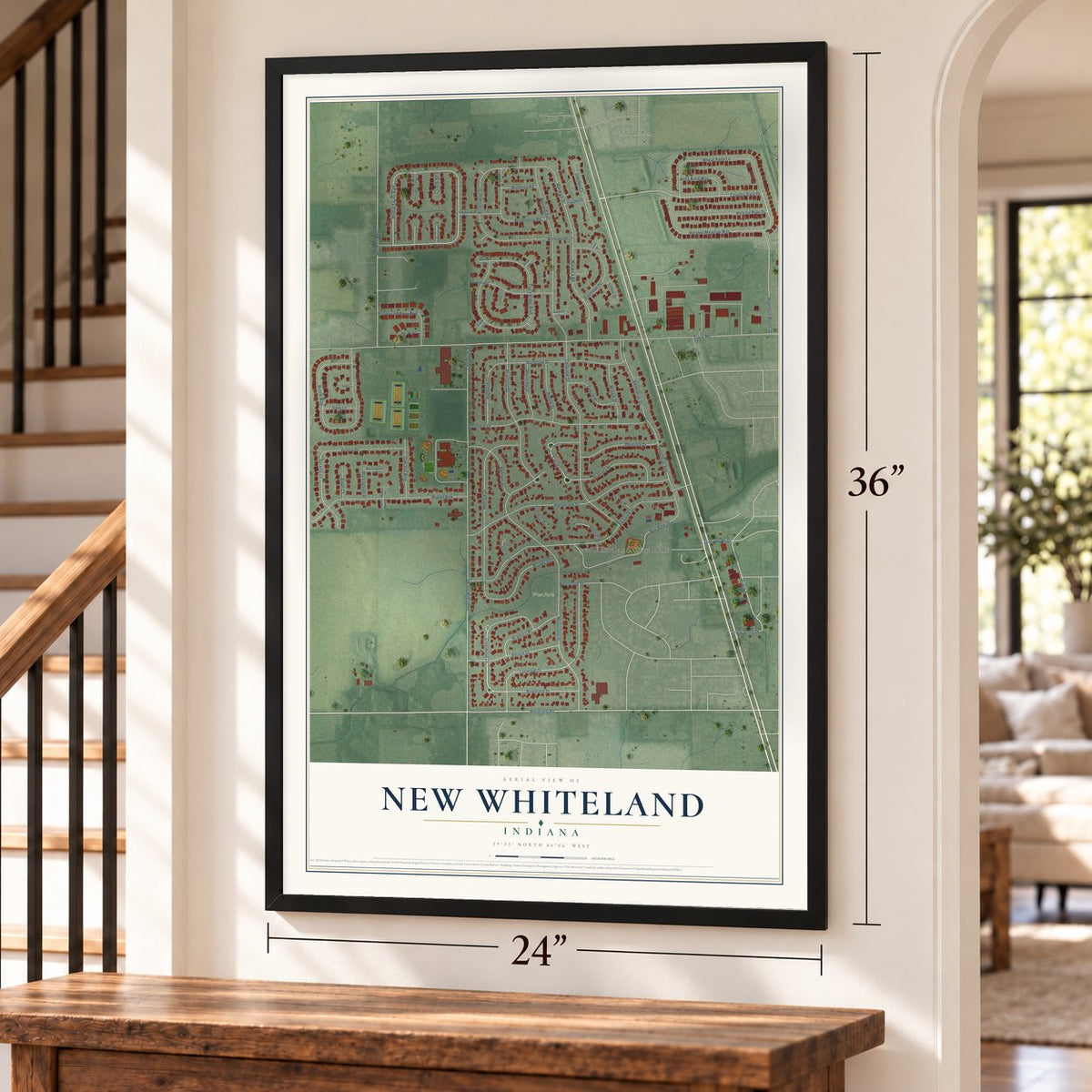 New Whiteland, Indiana map, 24 x 36 inch print in a black frame by a staircase