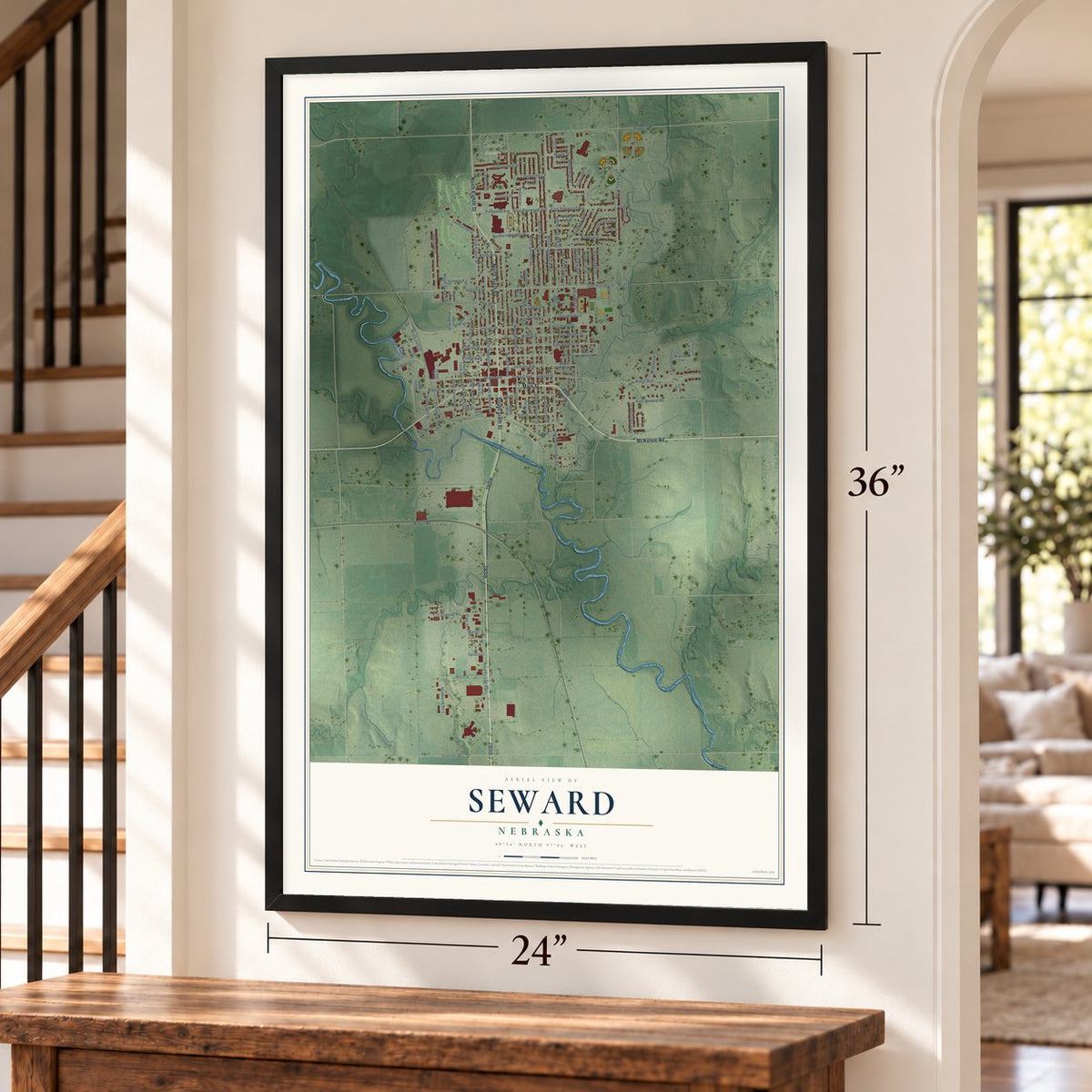 Seward, Nebraska map, 24 x 36 inch print in a black frame by a staircase