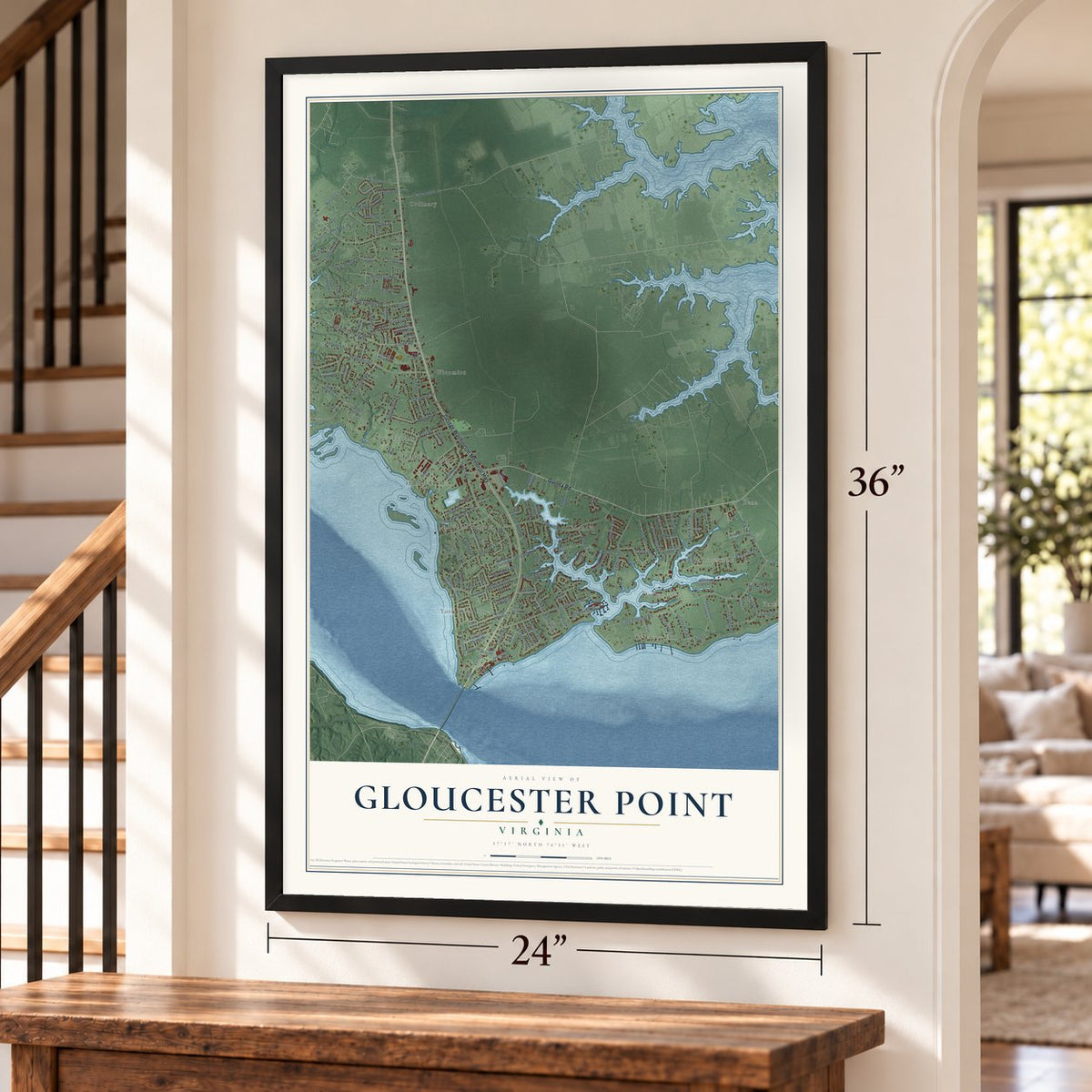 Gloucester Point, Virginia map, 24 x 36 inch print in a black frame by a staircase