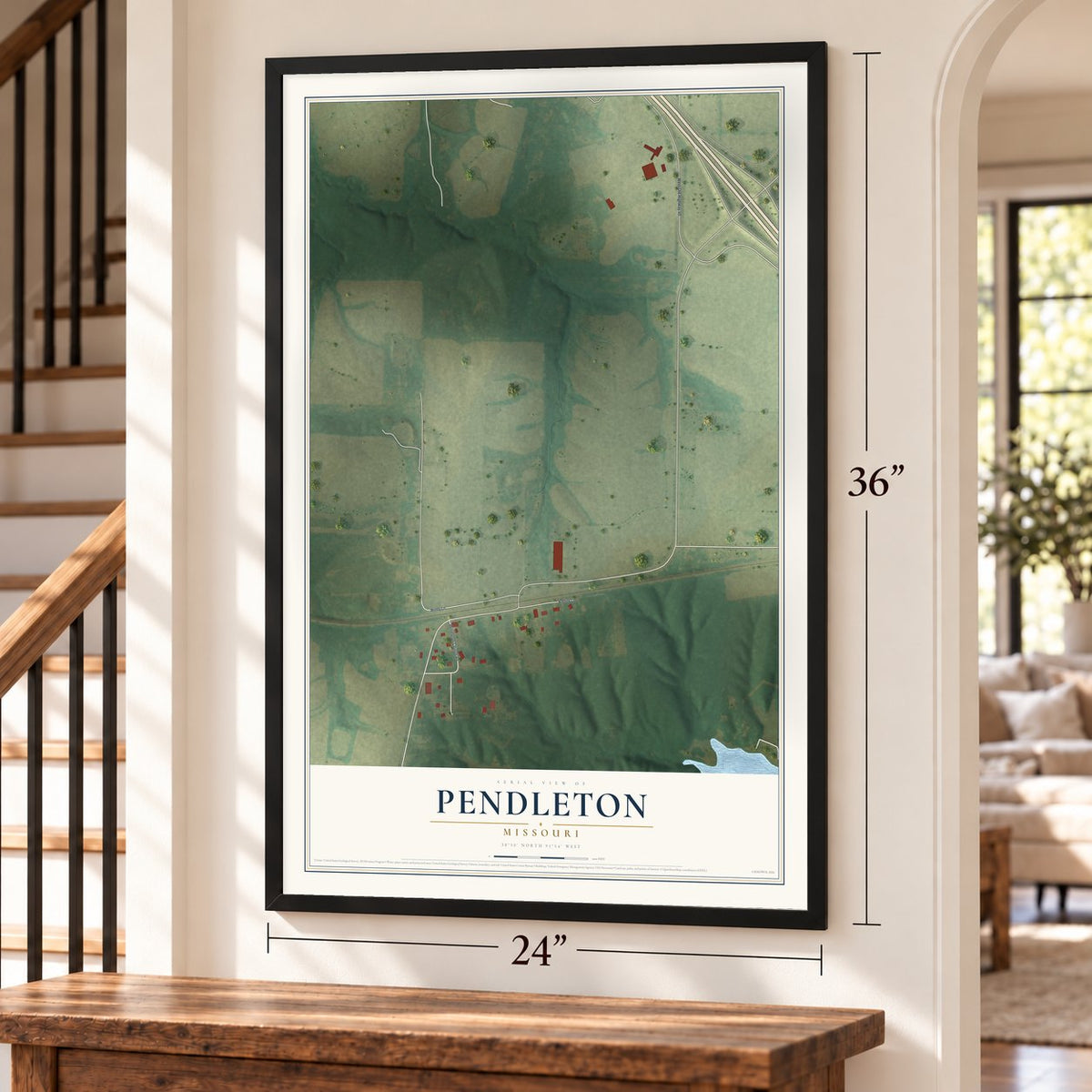Pendleton, Missouri map, 24 x 36 inch print in a black frame by a staircase