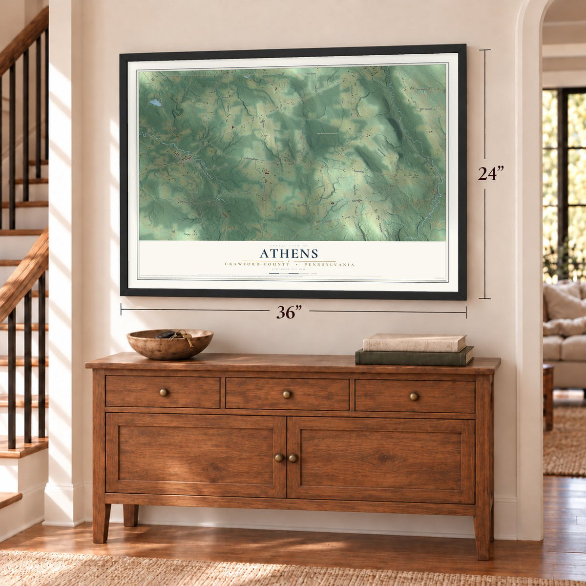 Athens, Crawford County, Pennsylvania map, 24 x 36 inch print in a black frame above a dresser by a staircase
