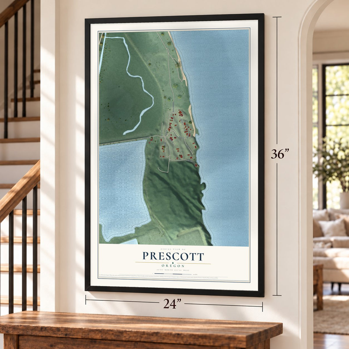 Prescott, Oregon map, 24 x 36 inch print in a black frame by a staircase
